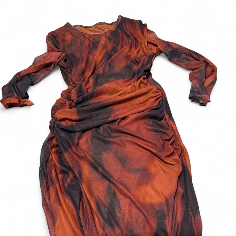 Y2K Brown Abstract Mesh Bodycon Midi Dress Size XL |